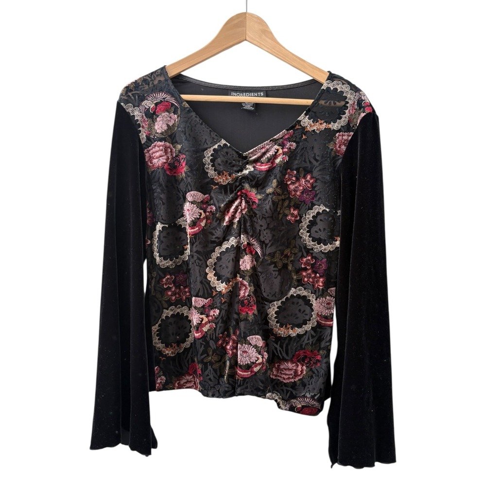 Y2K Vintage Ingredients Floral Burnout Velvet Bell Sleeve V-Neck Blouse XL